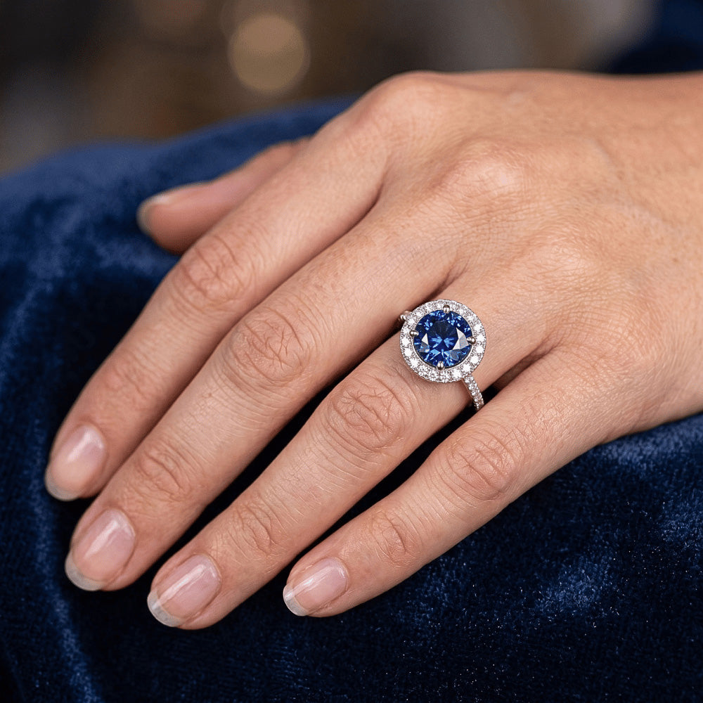 Anello Halo Round Zaffiro Ceylon Diamante Naturale Autentico ( non creato in laboratorio ) Oro Bianco 14K
