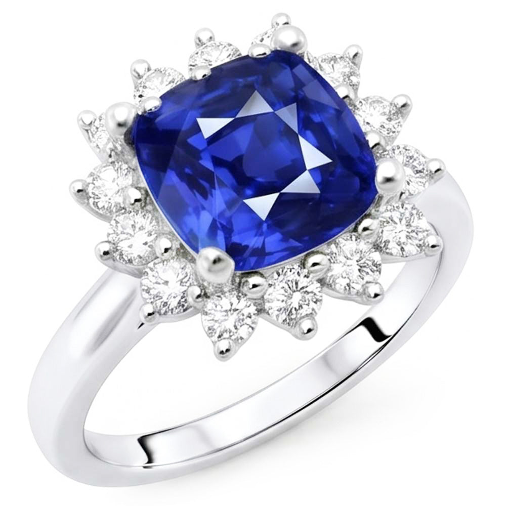 Anello Halo Star Style con zaffiro a cuscino da 3,50 carati e diamanti rotondi