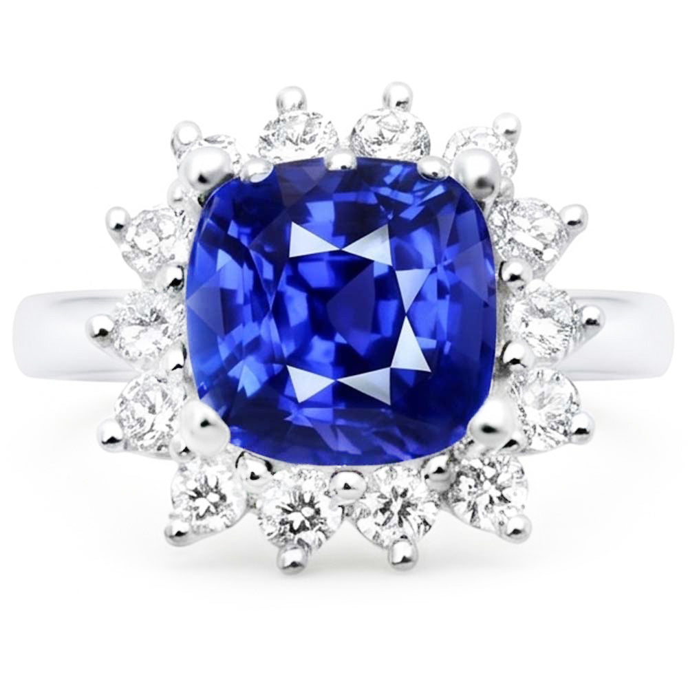 Anello Halo Star Style con zaffiro a cuscino da 3,50 carati e diamanti rotondi