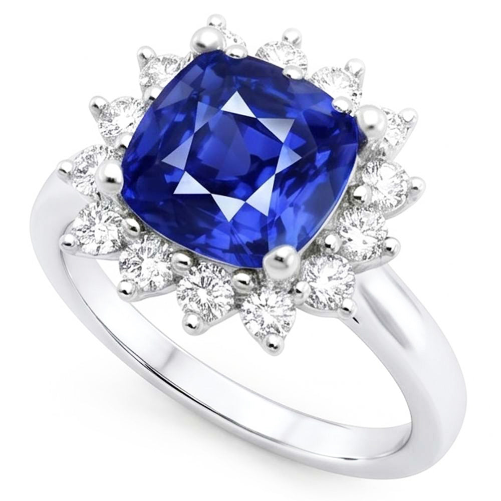 Anello Halo Star Style con zaffiro a cuscino da 3,50 carati e diamanti rotondi