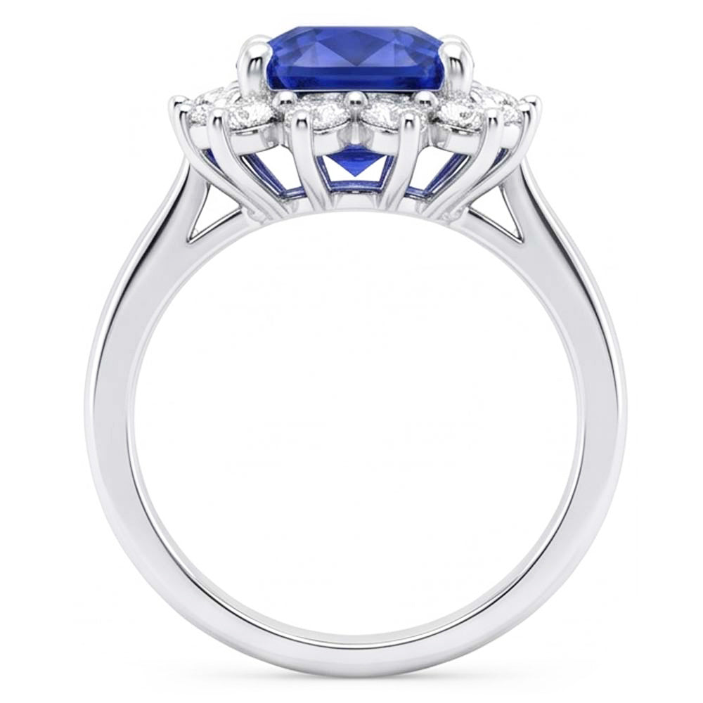 Anello Halo Star Style con zaffiro a cuscino da 3,50 carati e diamanti rotondi