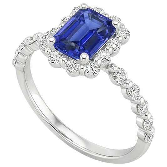 Anello Halo Stile Fiore Con Zaffiro Blu Radiante E Diamante 4.25 Carati