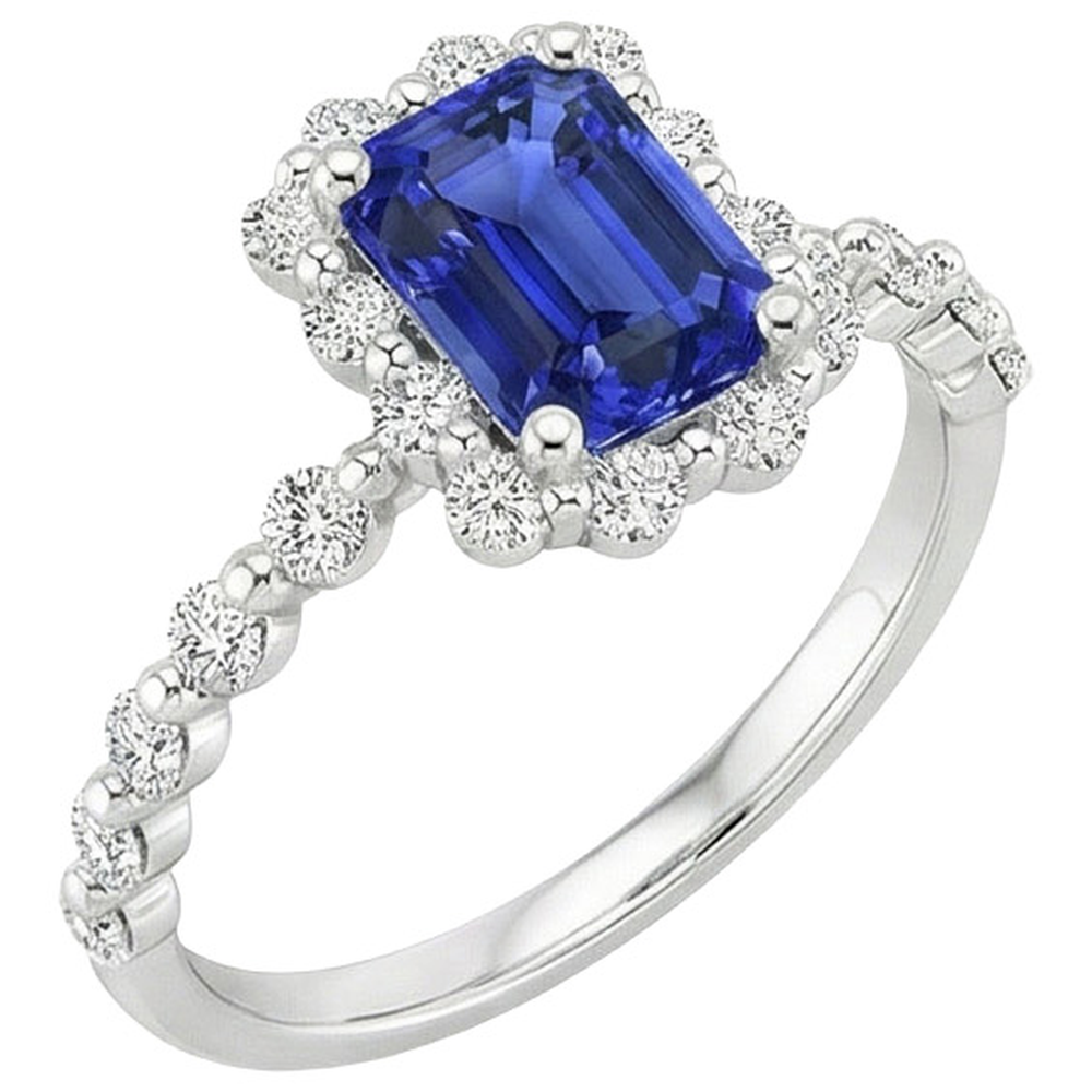 Anello Halo Stile Fiore Con Zaffiro Blu Radiante E Diamante 4.25 Carati