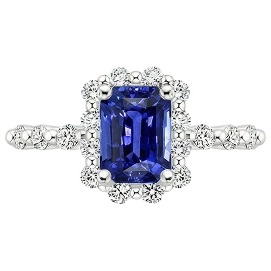 Anello Halo Stile Fiore Con Zaffiro Blu Radiante E Diamante 4.25 Carati