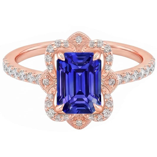 Anello Halo Stile Fiore Smeraldo Blu Zaffiro & Diamante 4.25 Carati