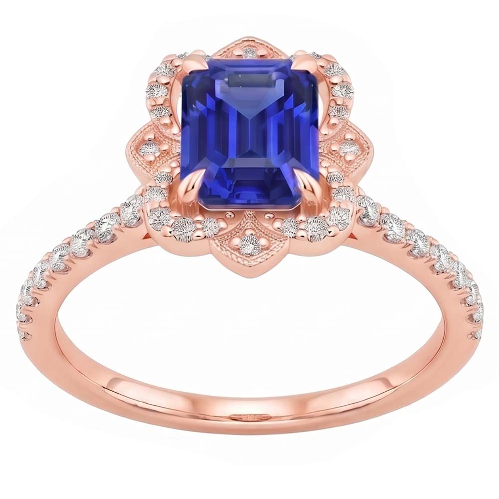 Anello Halo Stile Fiore Smeraldo Blu Zaffiro & Diamante 4.25 Carati