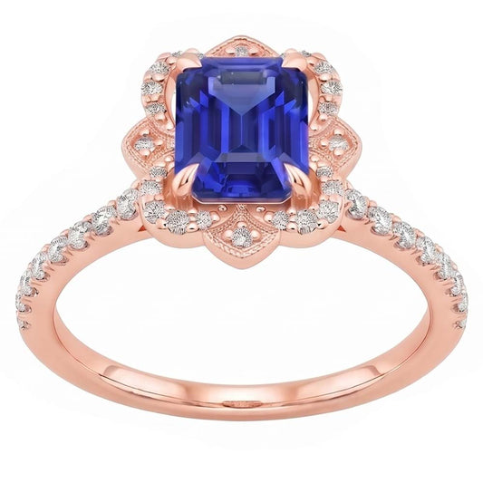 Anello Halo Stile Fiore Smeraldo Blu Zaffiro & Diamante 4.25 Carati