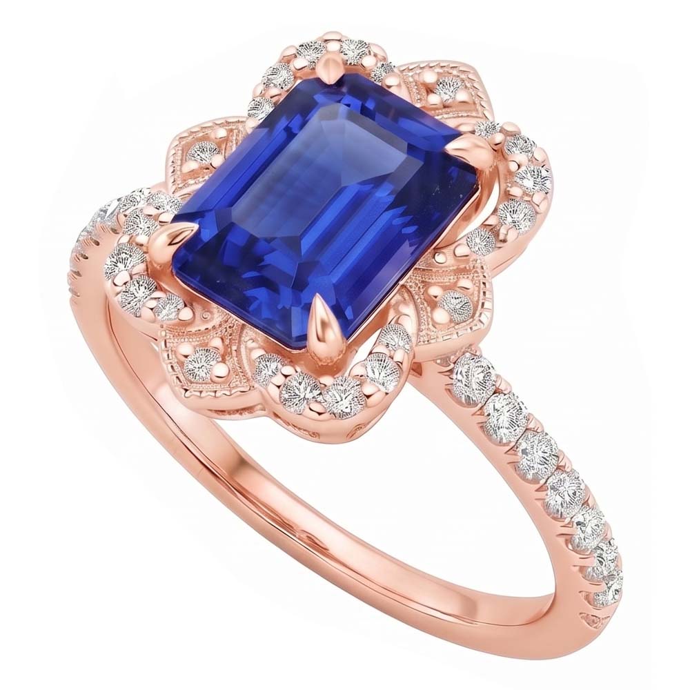 Anello Halo Stile Fiore Smeraldo Blu Zaffiro & Diamante 4.25 Carati