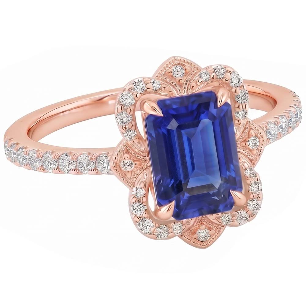 Anello Halo Stile Fiore Smeraldo Blu Zaffiro & Diamante 4.25 Carati
