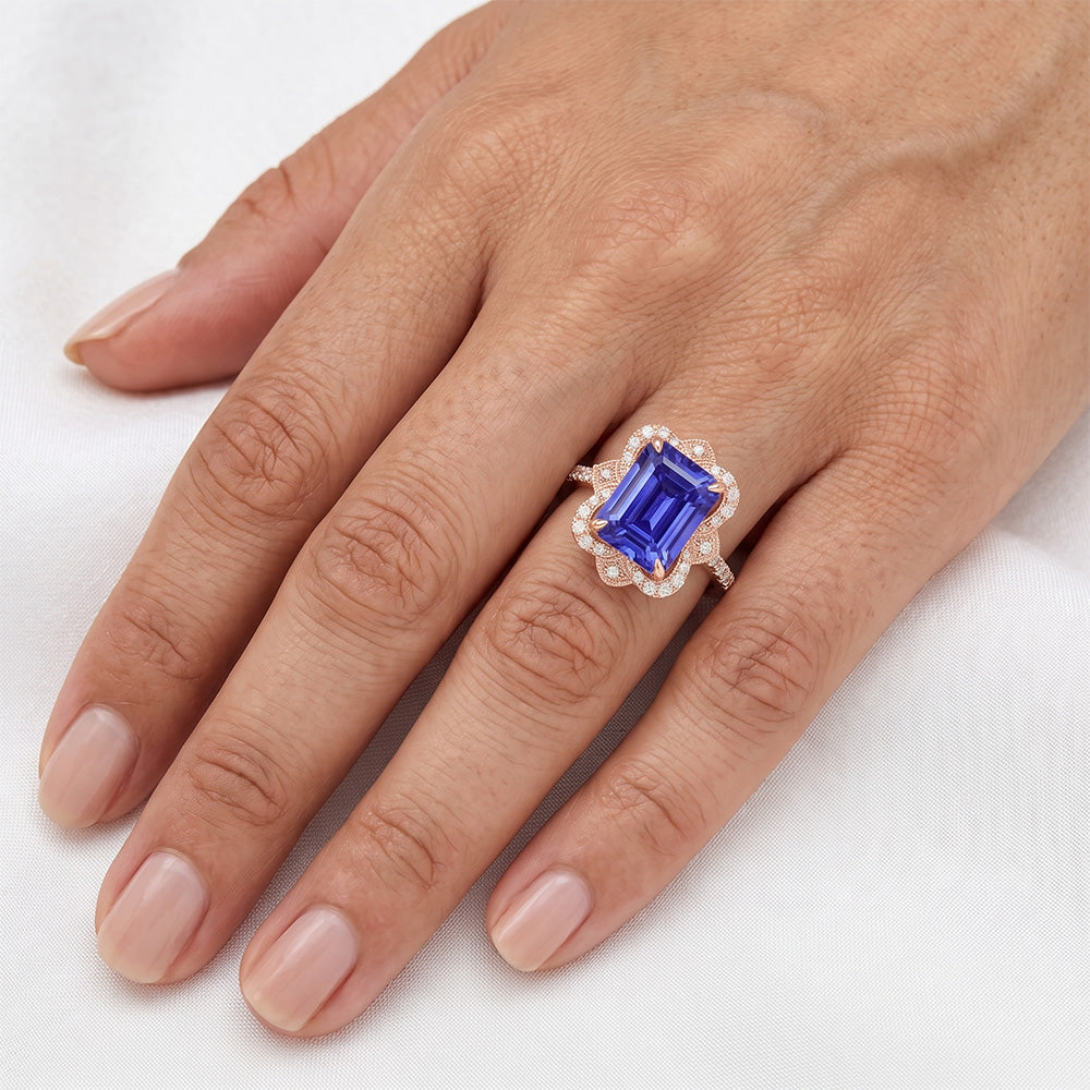 Anello Halo Stile Fiore Smeraldo Blu Zaffiro & Diamante 4.25 Carati
