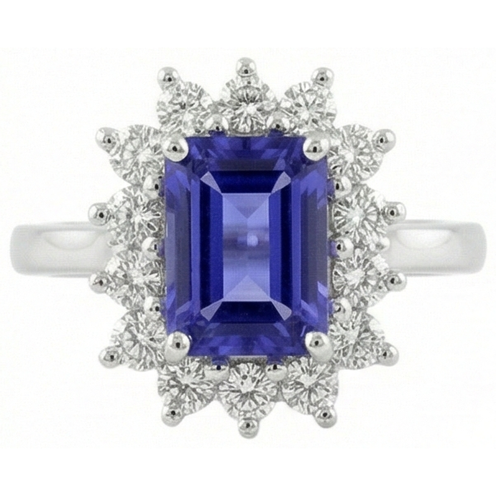 Anello Halo Tanzanite E Diamanti 6.35 Carati Oro Bianco 14K