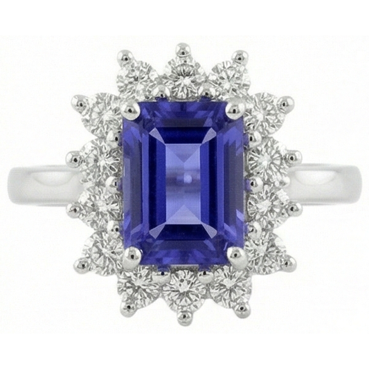 Anello Halo Tanzanite E Diamanti 6.35 Carati Oro Bianco 14K