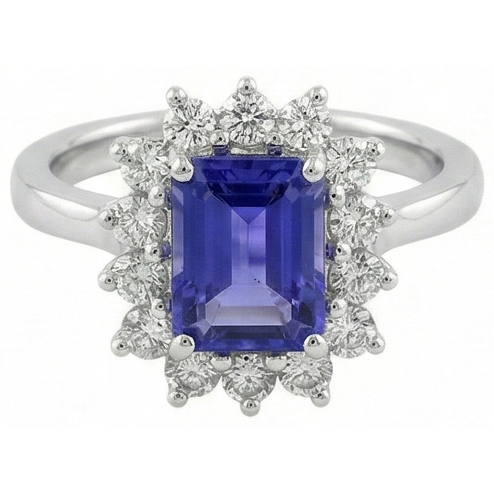 Anello Halo Tanzanite E Diamanti 6.35 Carati Oro Bianco 14K