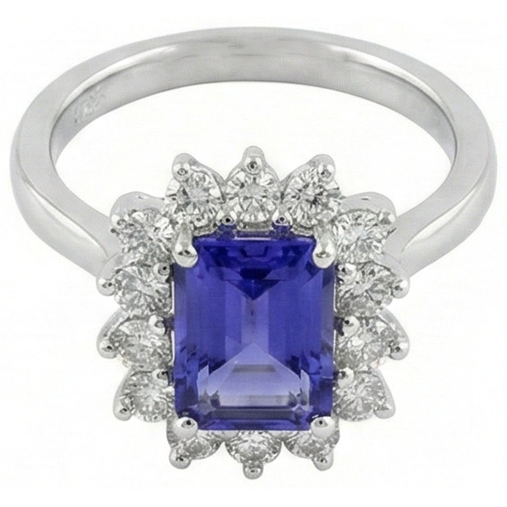 Anello Halo Tanzanite E Diamanti 6.35 Carati Oro Bianco 14K