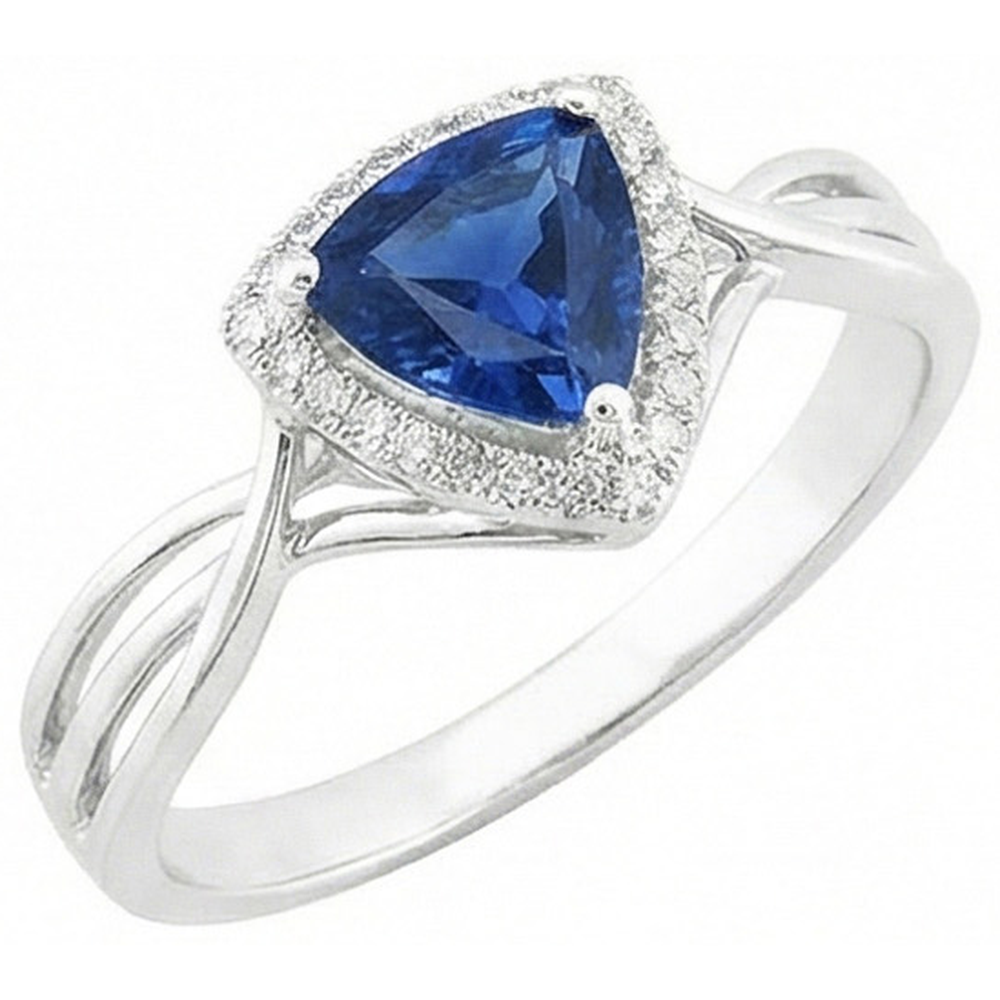 Anello Halo Trillion Zaffiro Diamanti Naturali Autentici ( non creati in laboratorio ) a gambo diviso 2.50 carati Oro 14K