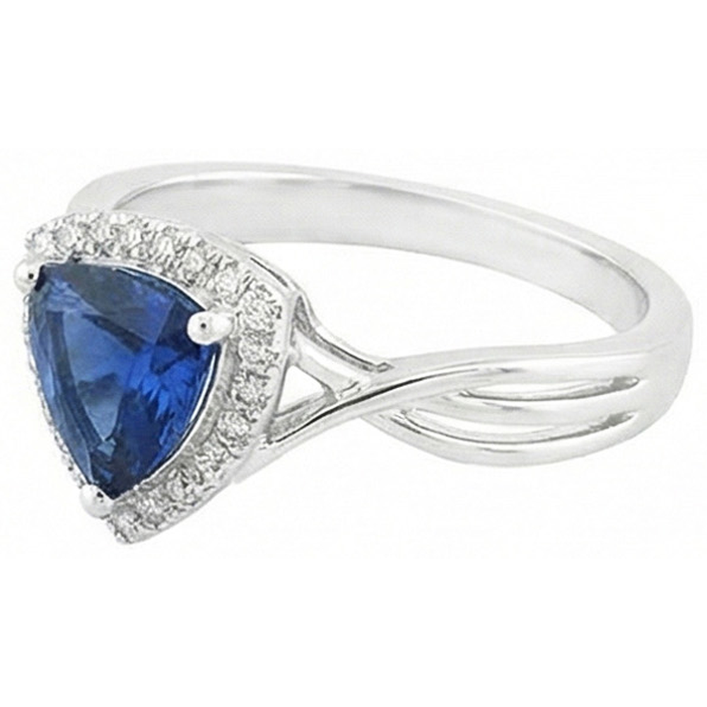 Anello Halo Trillion Zaffiro Diamanti Naturali Autentici ( non creati in laboratorio ) a gambo diviso 2.50 carati Oro 14K