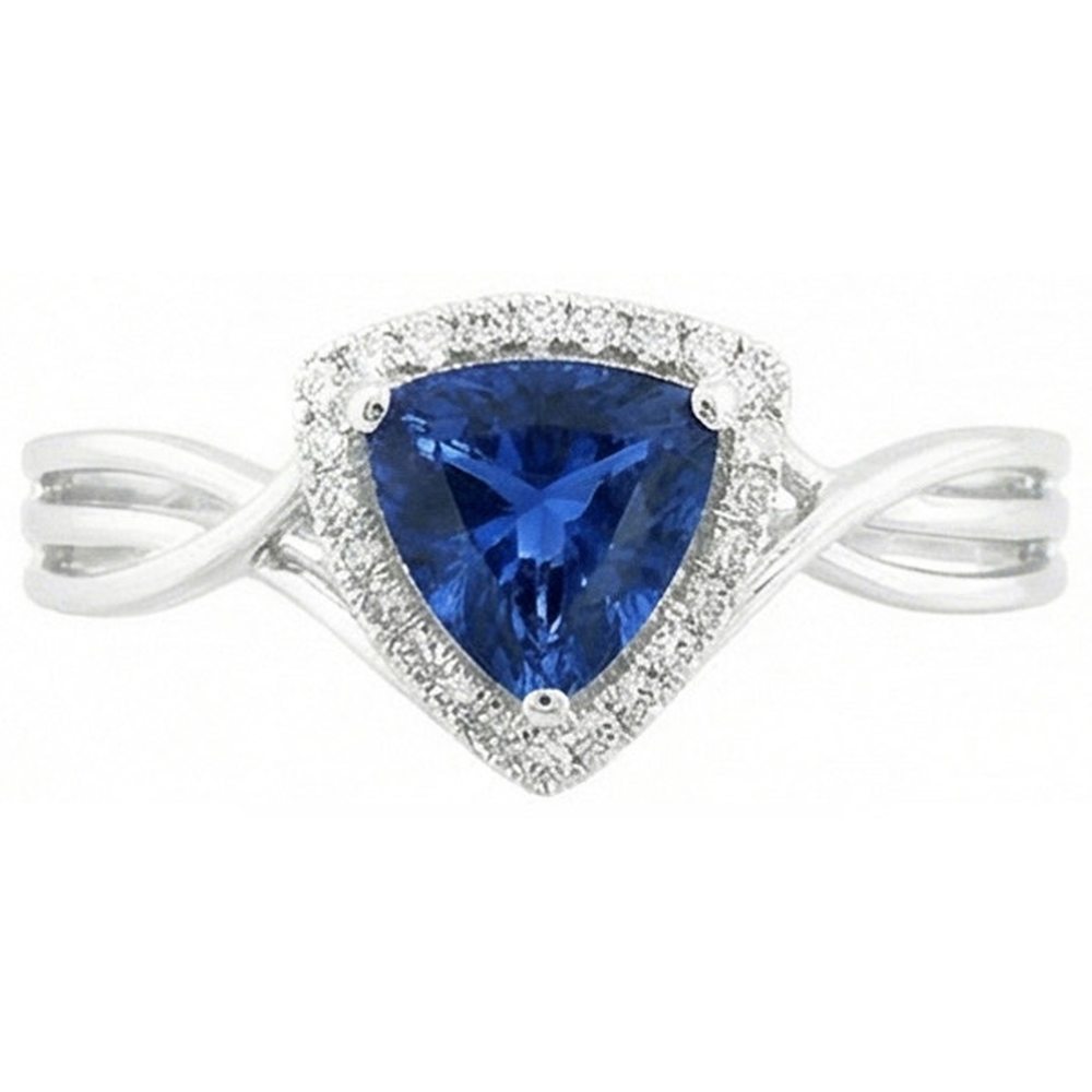 Anello Halo Trillion Zaffiro Diamanti Naturali Autentici ( non creati in laboratorio ) a gambo diviso 2.50 carati Oro 14K
