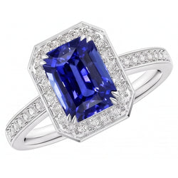 Anello Halo Zaffiro blu smeraldo 5 carati e pietre preziose con diamanti incastonati