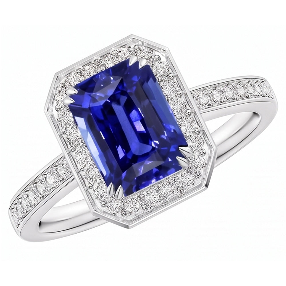 Anello Halo Zaffiro blu smeraldo 5 carati e pietre preziose con diamanti incastonati