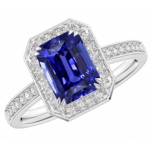 Anello Halo Zaffiro blu smeraldo 5 carati e pietre preziose con diamanti incastonati