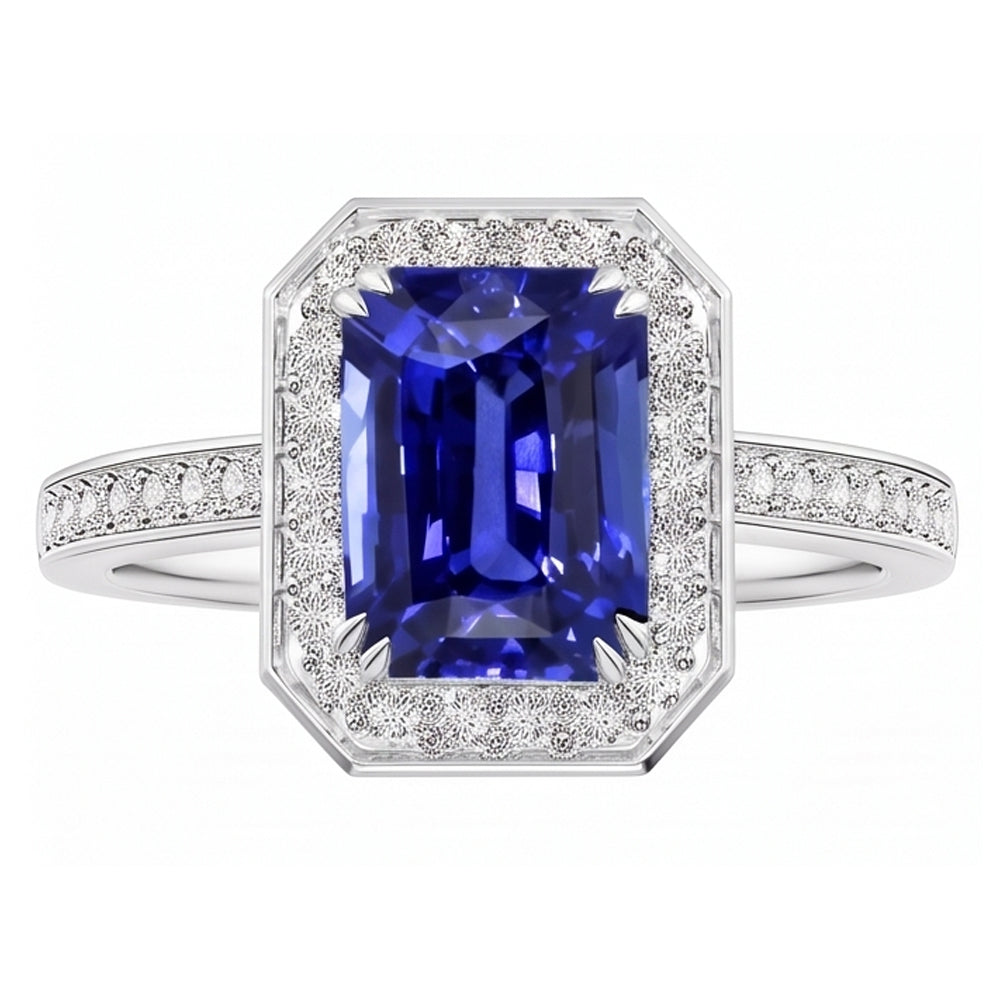 Anello Halo Zaffiro blu smeraldo 5 carati e pietre preziose con diamanti incastonati