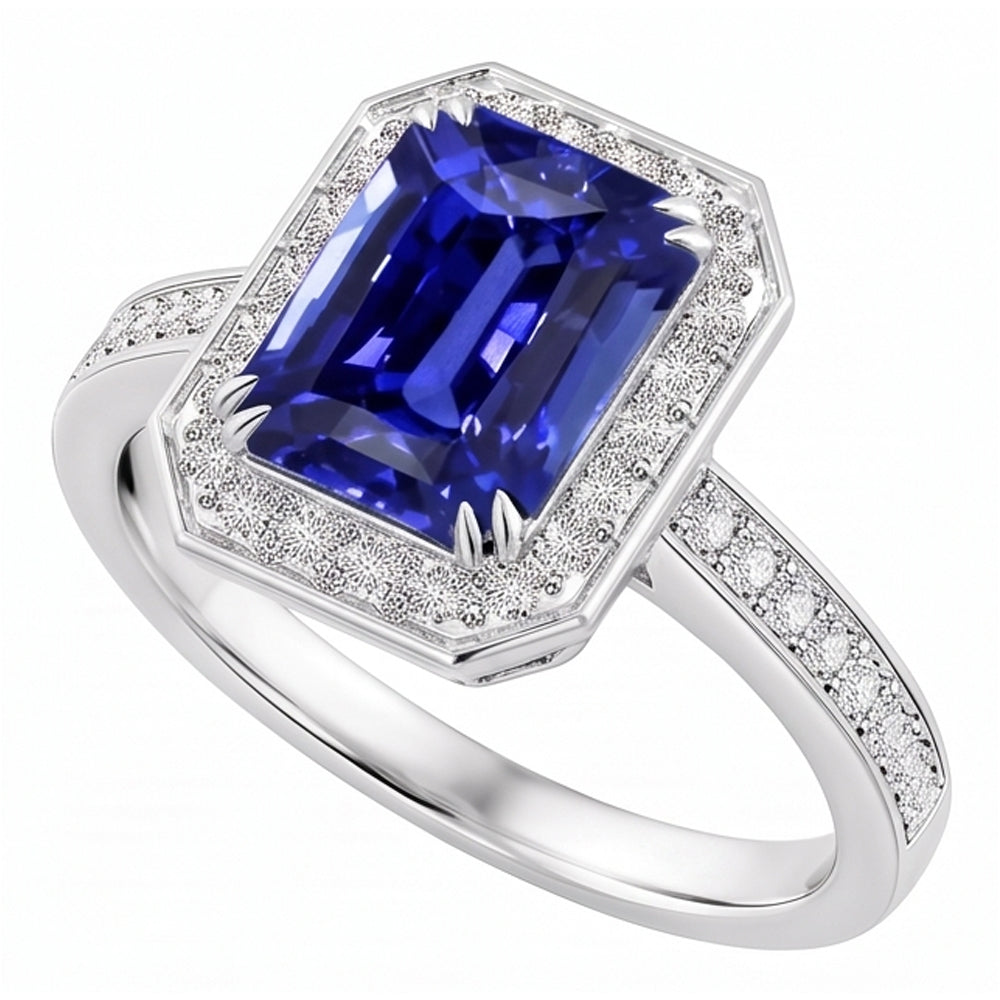 Anello Halo Zaffiro blu smeraldo 5 carati e pietre preziose con diamanti incastonati
