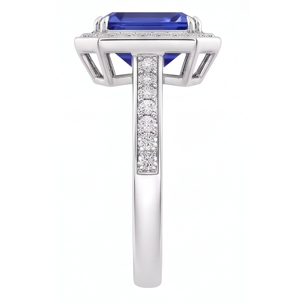 Anello Halo Zaffiro blu smeraldo 5 carati e pietre preziose con diamanti incastonati