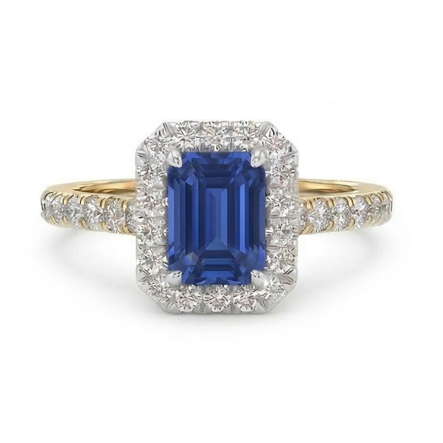 Anello Halo bicolore 3 carati smeraldo zaffiro accenti di diamanti in oro bianco 14K