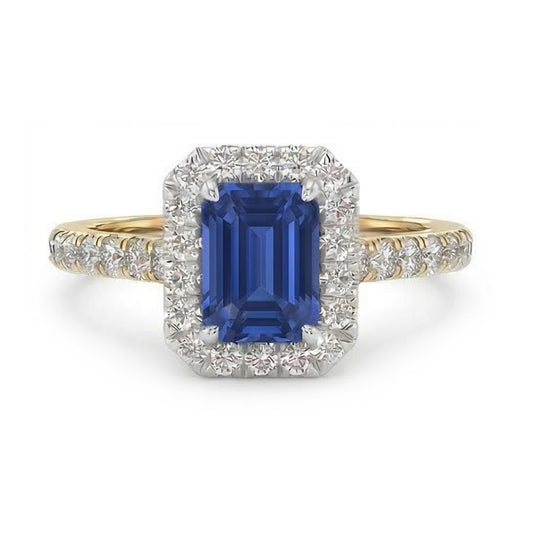 Anello Halo bicolore 3 carati smeraldo zaffiro accenti di diamanti in oro bianco 14K