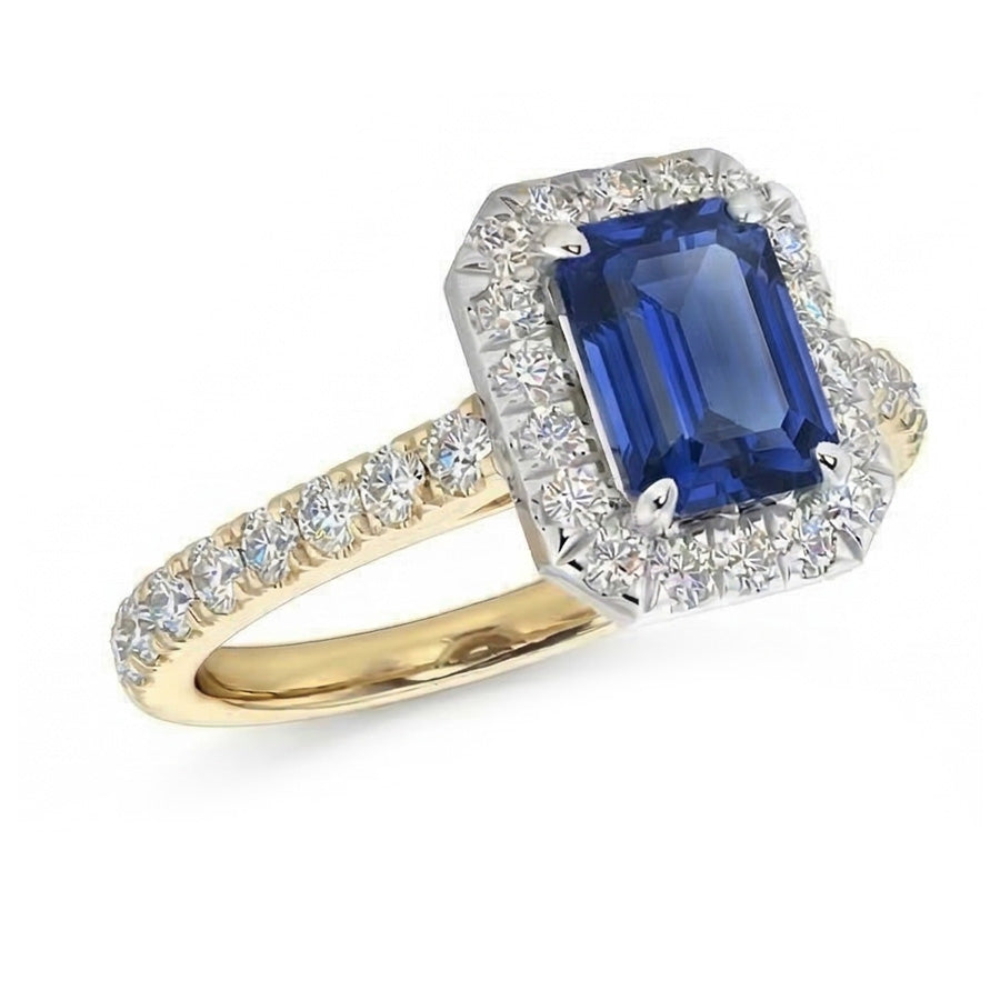 Anello Halo bicolore 3 carati smeraldo zaffiro accenti di diamanti in oro bianco 14K