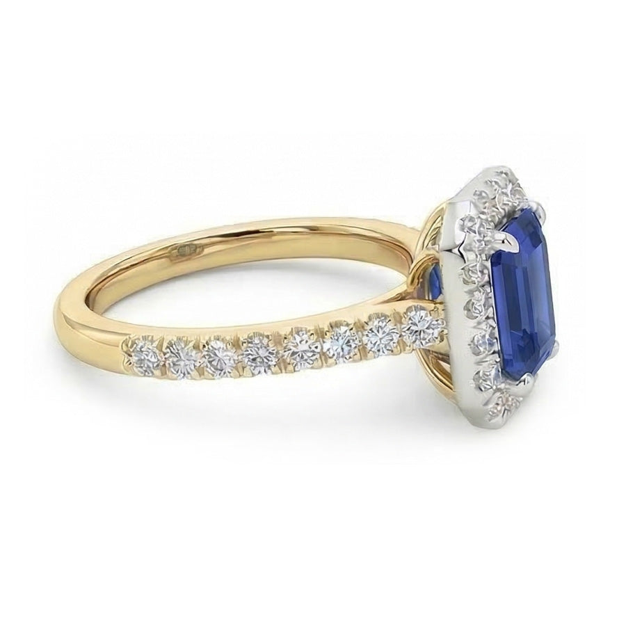 Anello Halo bicolore 3 carati smeraldo zaffiro accenti di diamanti in oro bianco 14K