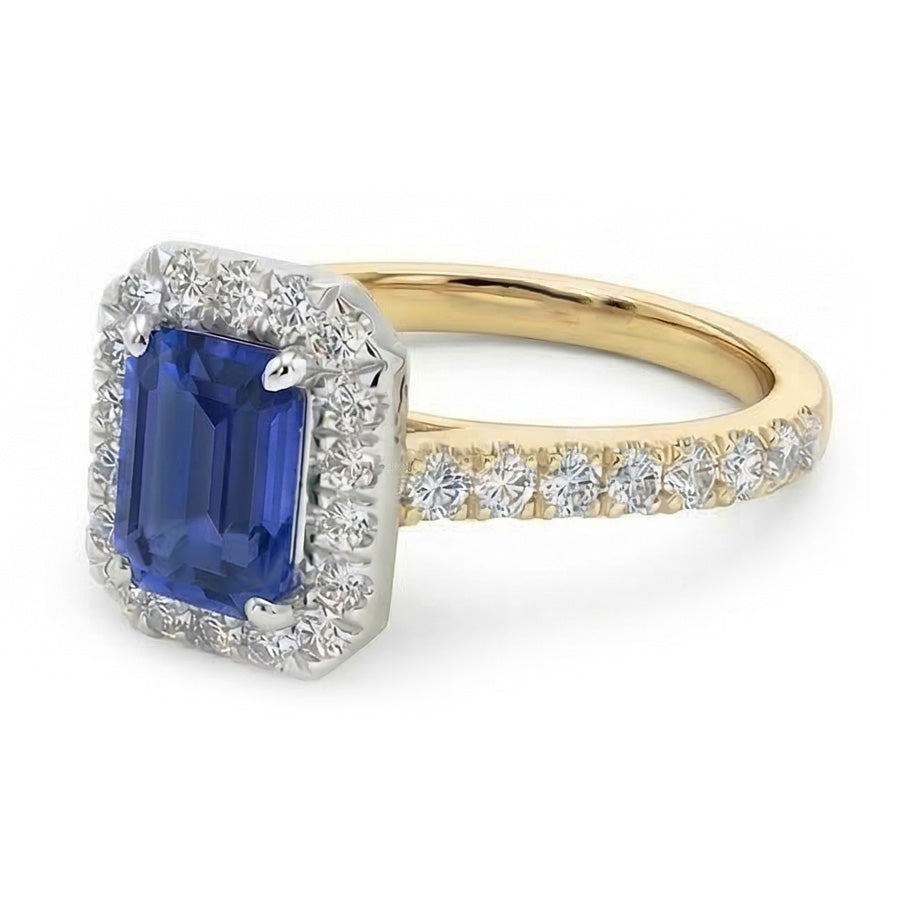 Anello Halo bicolore 3 carati smeraldo zaffiro accenti di diamanti in oro bianco 14K