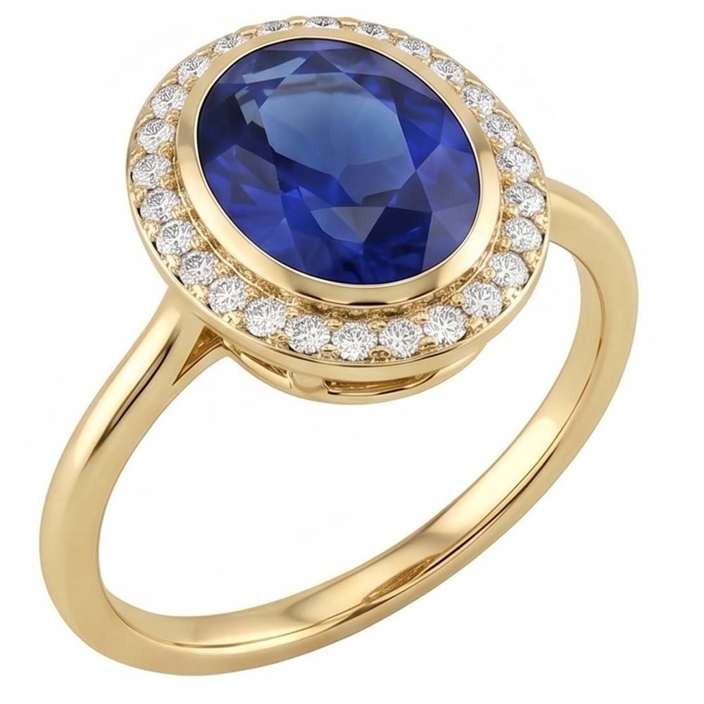 Anello Halo con 3 carati Zaffiro blu ovale e diamanti in oro 14K