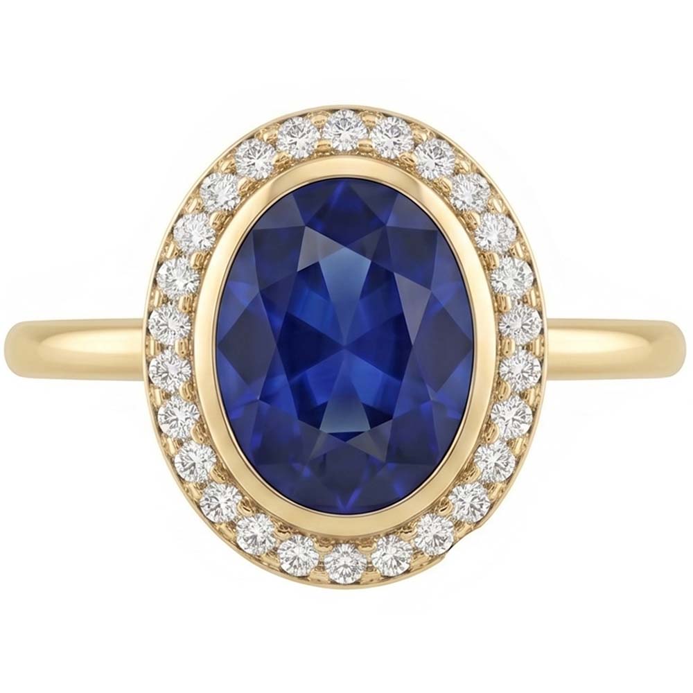 Anello Halo con 3 carati Zaffiro blu ovale e diamanti in oro 14K