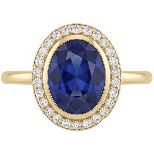 Anello Halo con 3 carati Zaffiro blu ovale e diamanti in oro 14K