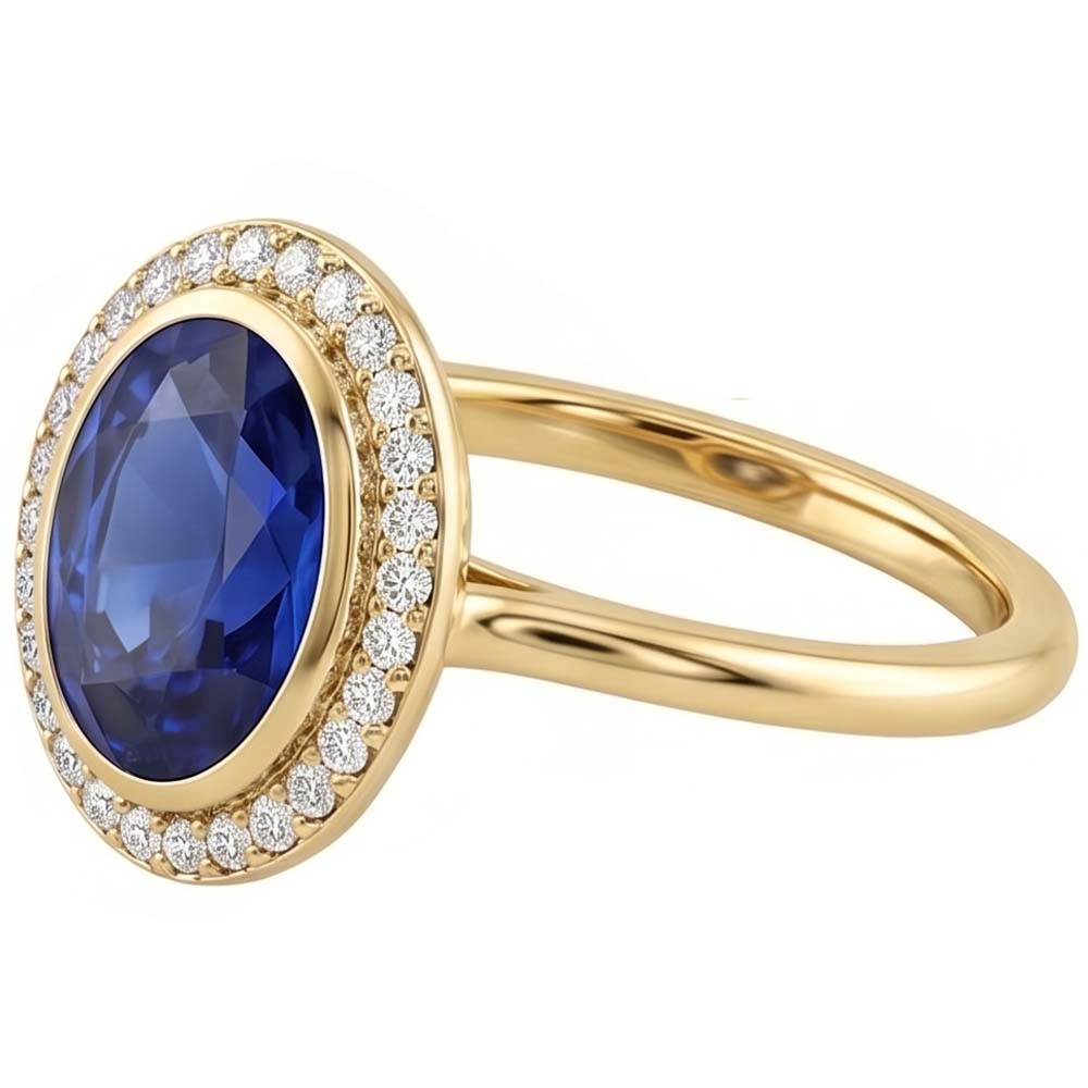 Anello Halo con 3 carati Zaffiro blu ovale e diamanti in oro 14K