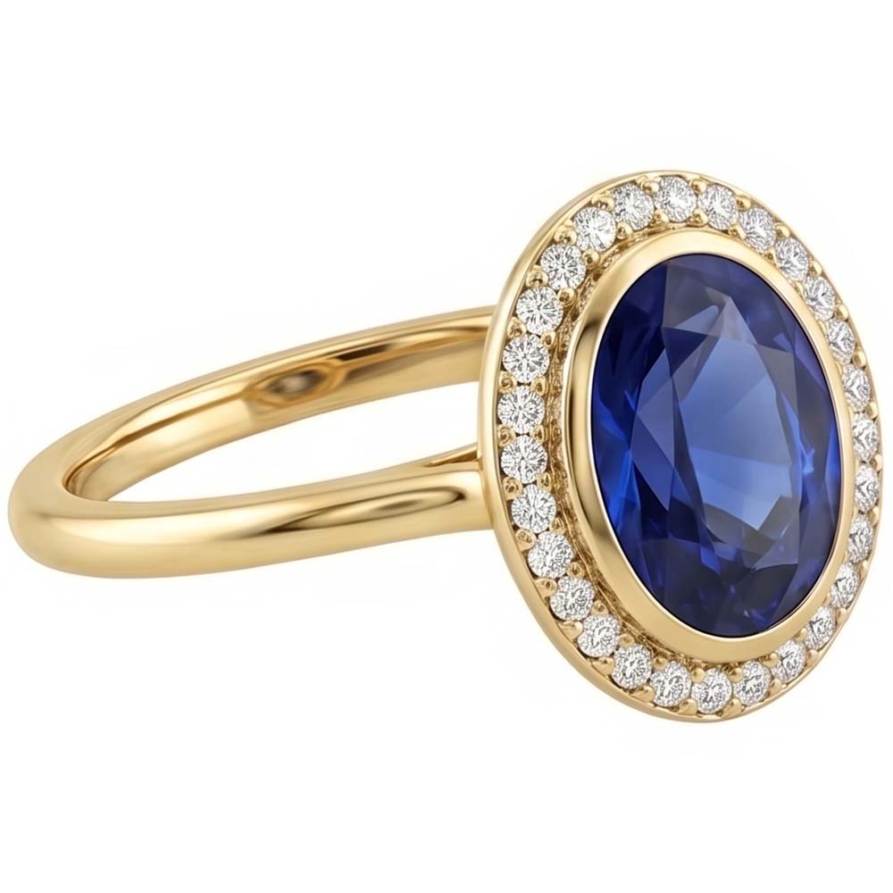 Anello Halo con 3 carati Zaffiro blu ovale e diamanti in oro 14K