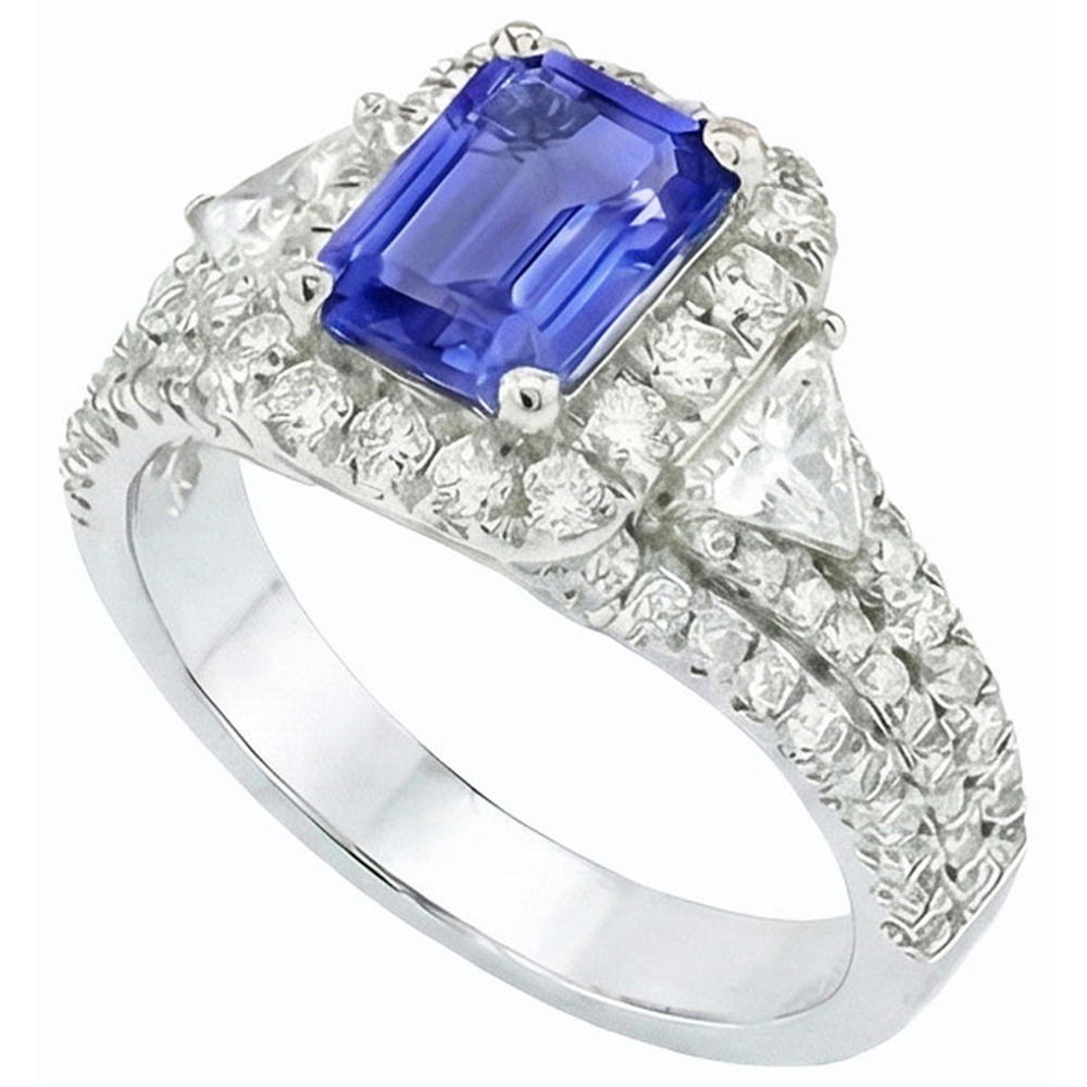 Anello Halo con 3,50 carati di zaffiro blu, 3 smeraldi in stile pietra e diamanti in oro bianco 14K