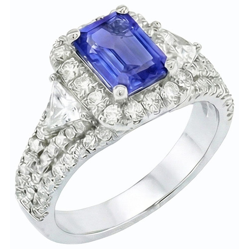 Anello Halo con 3,50 carati di zaffiro blu, 3 smeraldi in stile pietra e diamanti in oro bianco 14K