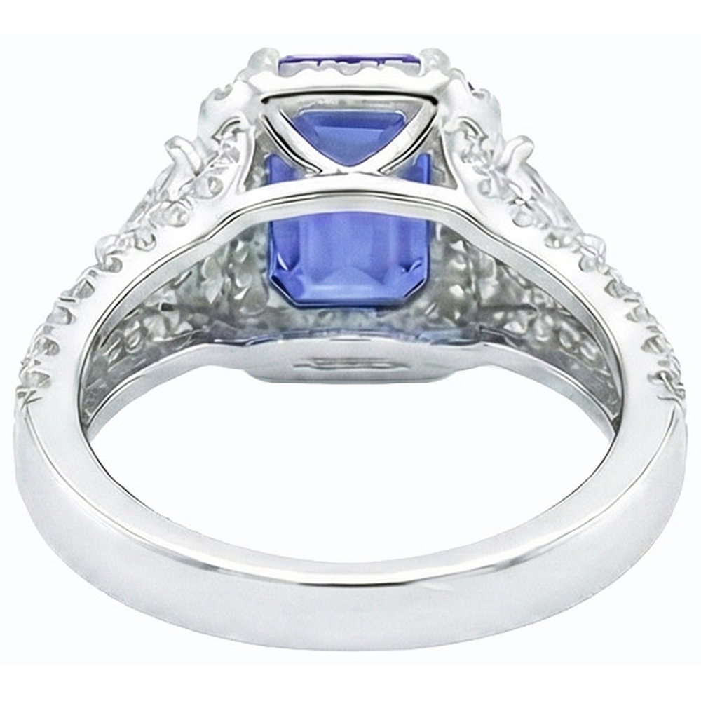 Anello Halo con 3,50 carati di zaffiro blu, 3 smeraldi in stile pietra e diamanti in oro bianco 14K