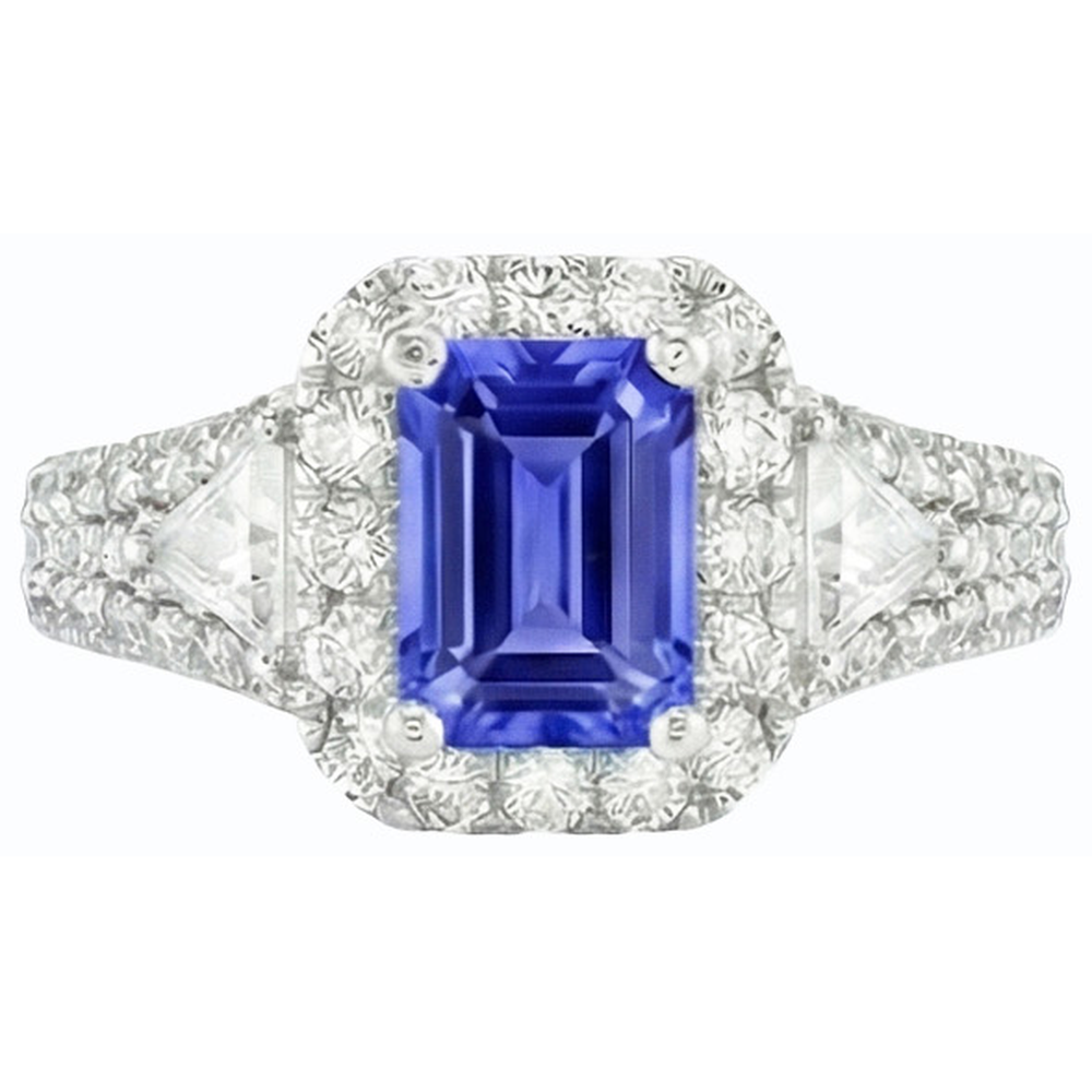 Anello Halo con 3,50 carati di zaffiro blu, 3 smeraldi in stile pietra e diamanti in oro bianco 14K