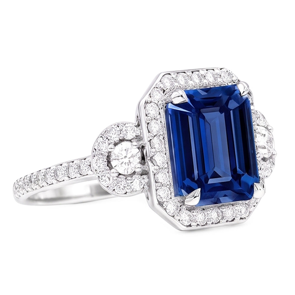 Anello Halo con 4,50 carati di pietra di zaffiro dello Srilankan taglio smeraldo 3