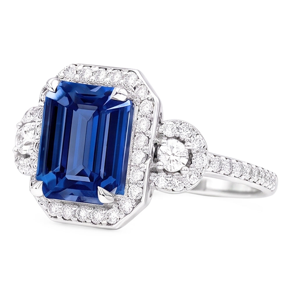 Anello Halo con 4,50 carati di pietra di zaffiro dello Srilankan taglio smeraldo 3