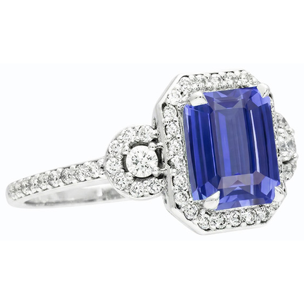 Anello Halo con 4,50 carati di pietra di zaffiro dello Srilankan taglio smeraldo 3