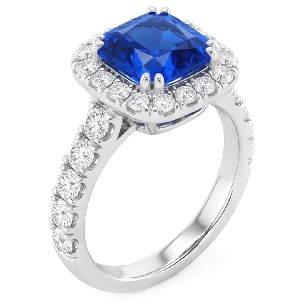 Anello Halo con Zaffiro Blu Radiante 4 carati e Diamante Naturale Autentico ( non creato in laboratorio ) Rotondo in Oro Bianco 14K