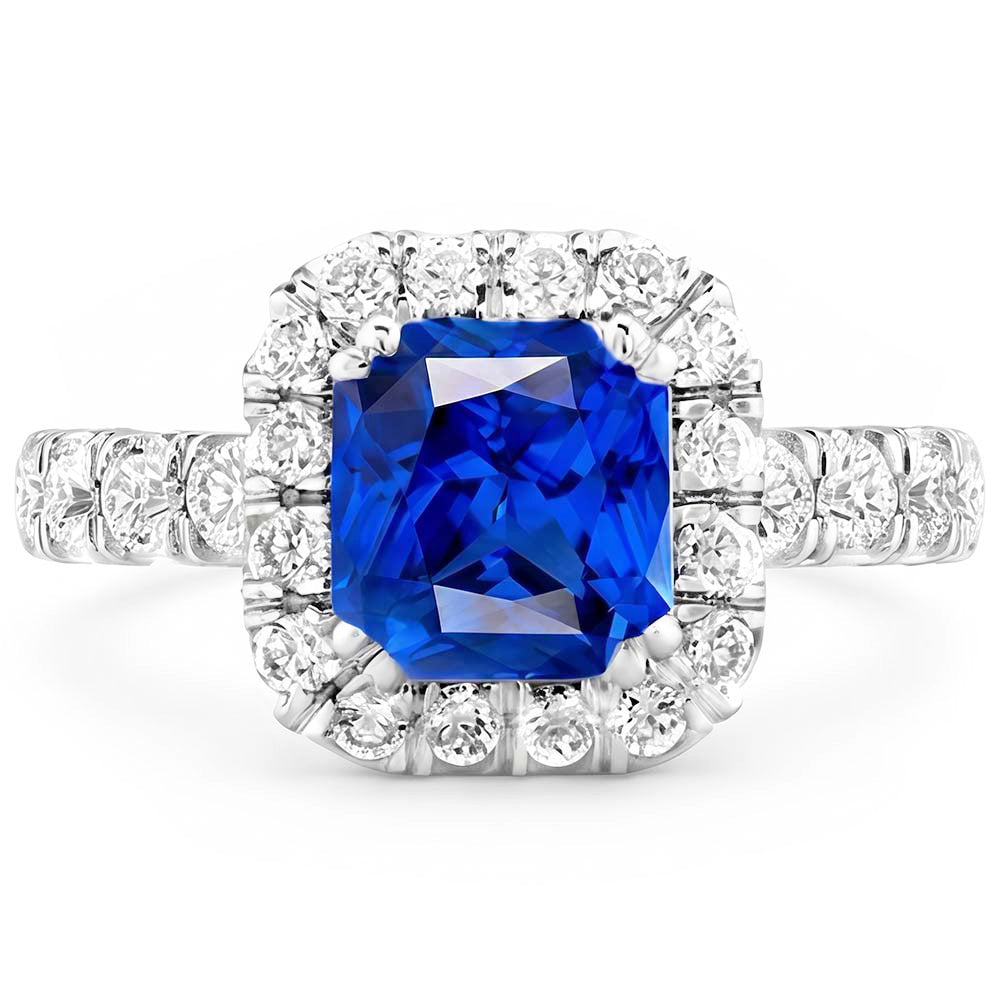 Anello Halo con Zaffiro Blu Radiante 4 carati e Diamante Naturale Autentico ( non creato in laboratorio ) Rotondo in Oro Bianco 14K