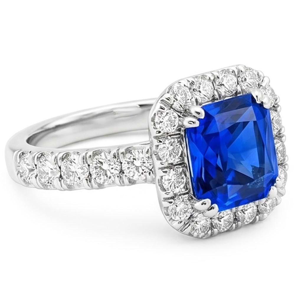 Anello Halo con Zaffiro Blu Radiante 4 carati e Diamante Naturale Autentico ( non creato in laboratorio ) Rotondo in Oro Bianco 14K