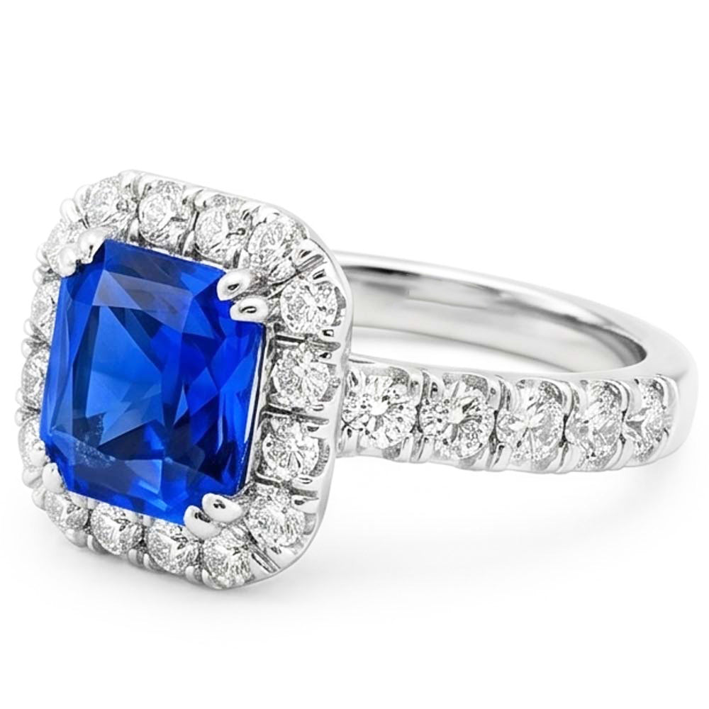 Anello Halo con Zaffiro Blu Radiante 4 carati e Diamante Naturale Autentico ( non creato in laboratorio ) Rotondo in Oro Bianco 14K