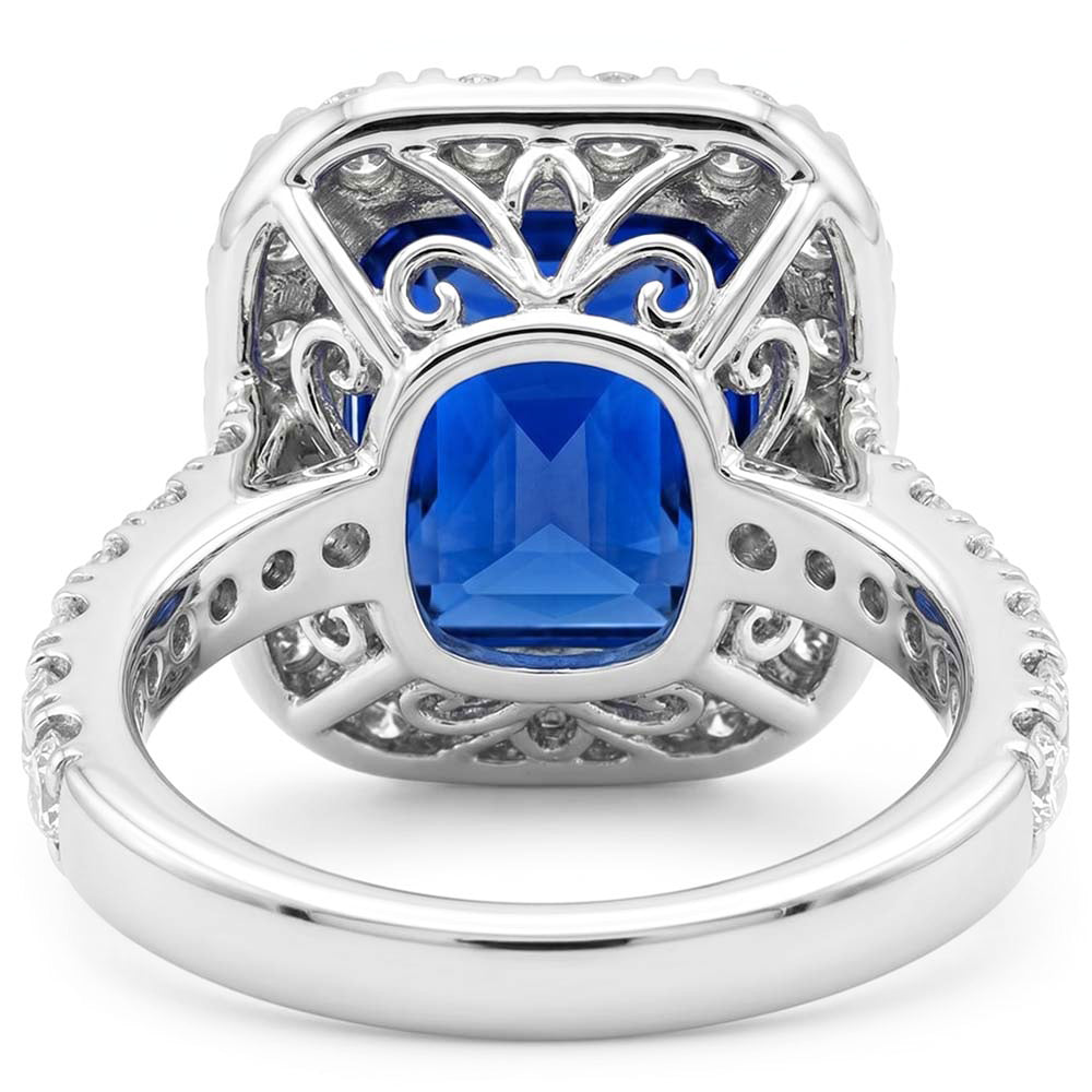 Anello Halo con Zaffiro Blu Radiante 4 carati e Diamante Naturale Autentico ( non creato in laboratorio ) Rotondo in Oro Bianco 14K