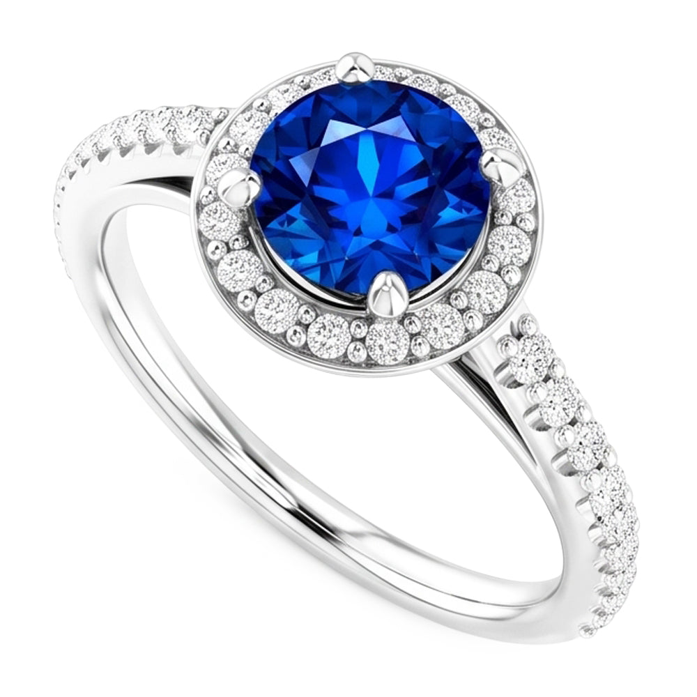 Anello Halo con Zaffiro Blu da 2,50 Carati e Diamante Rotondo in Oro Bianco 14K
